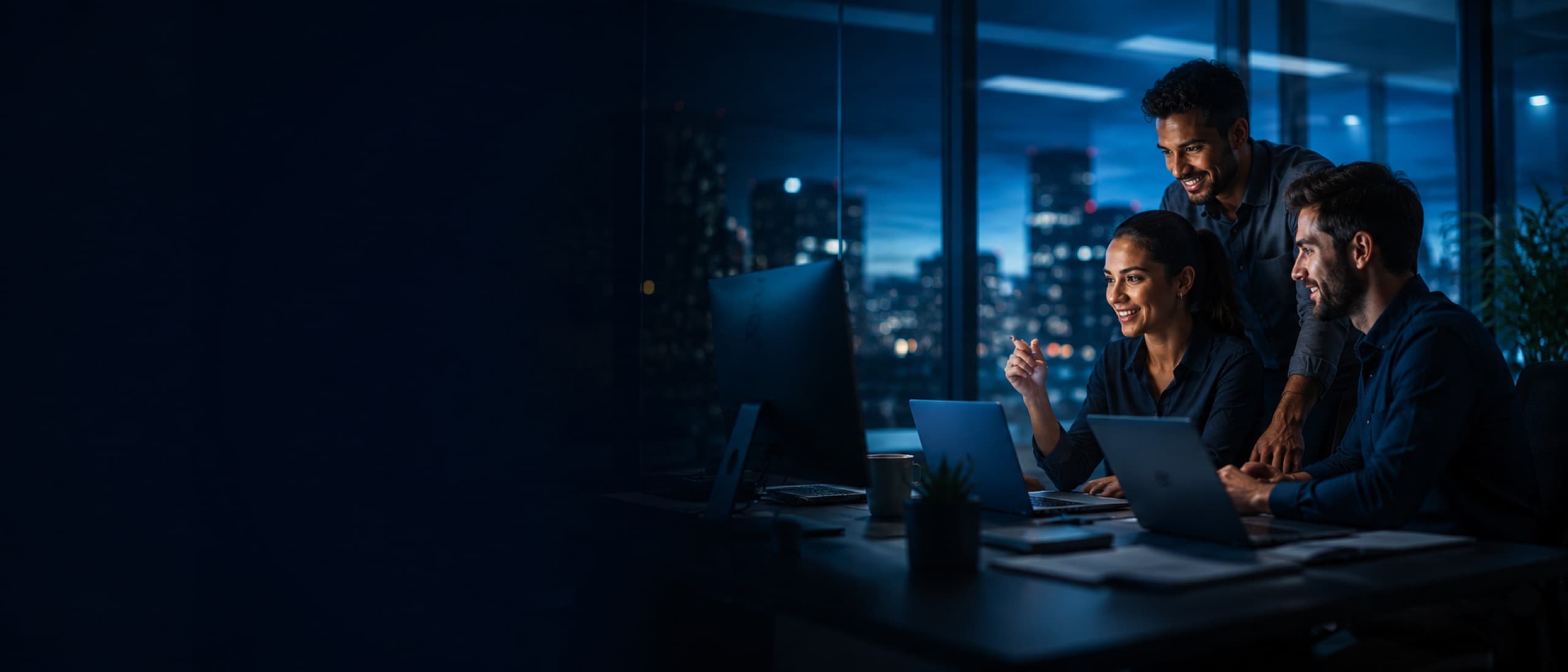 Equipe de trabalho colaborando em um escritório moderno à noite