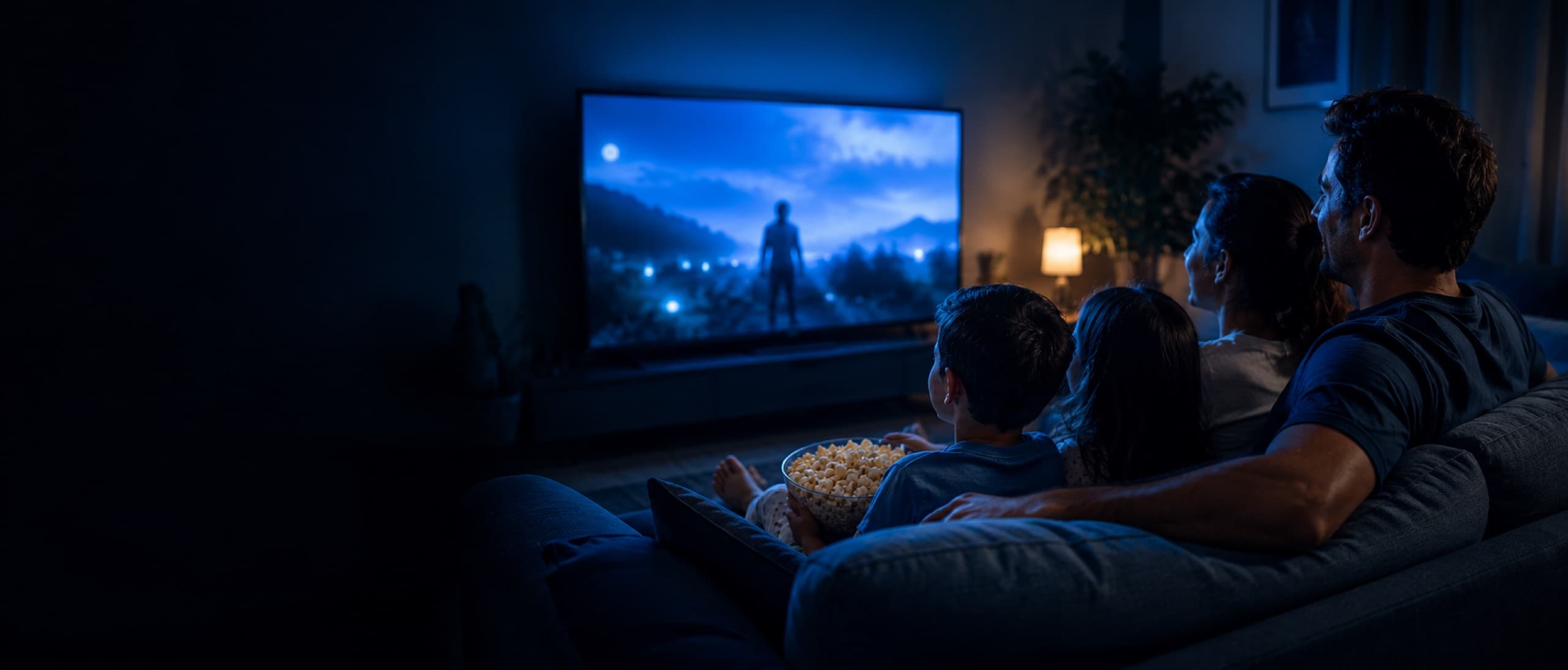 Família assistindo TV em uma sala escura e aconchegante